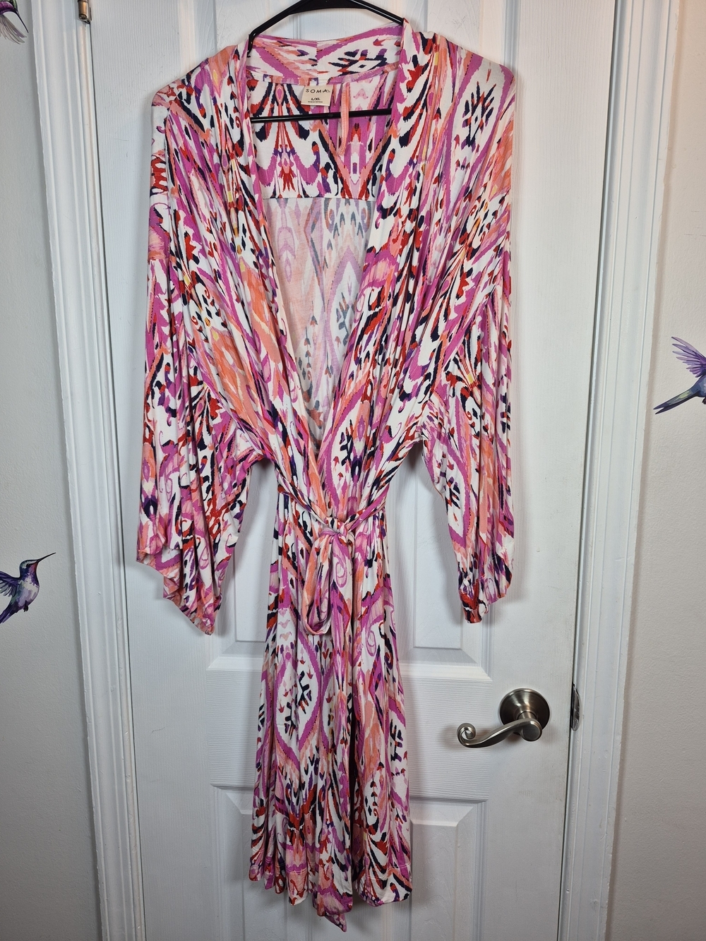 Soma Cool Nights Kimono Robe L/XL Pink Purple Ikat Geometric Knit Short Belted